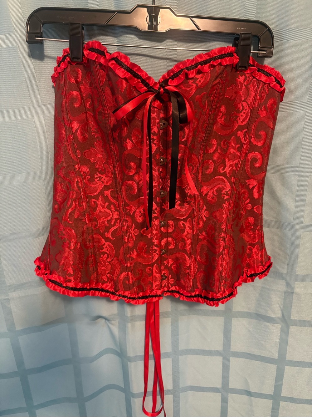 Red and Black Brocade Satin Corset Bustier with Ribbon Trim